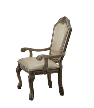 HomeRoots Set of Two Elegant Antiqued White Upholstered Faux Leather Dining Arm Chairs for Versatile Use 573413