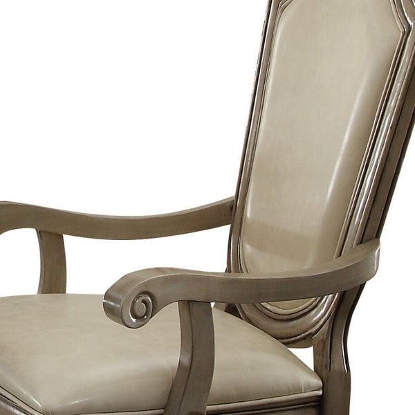 HomeRoots Set of Two Elegant Antiqued White Upholstered Faux Leather Dining Arm Chairs for Versatile Use 573413