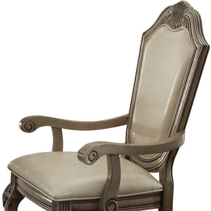HomeRoots Set of Two Elegant Antiqued White Upholstered Faux Leather Dining Arm Chairs for Versatile Use 573413