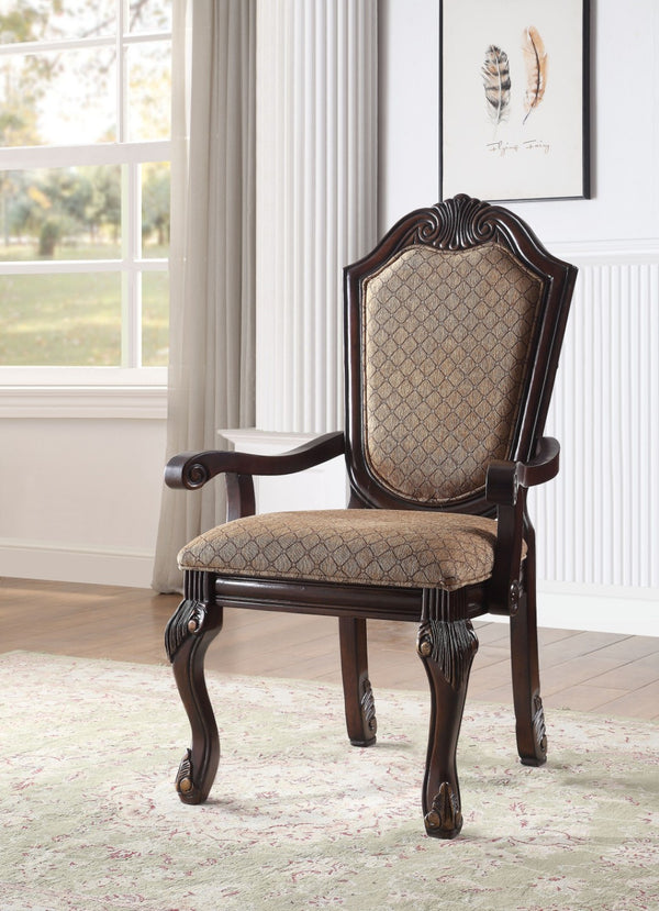 HomeRoots Set of Two Tan Upholstered Arm Chairs with Espresso Legs for Stylish Dining & Versatile Decor 573415