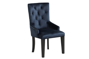 HomeRoots Tufted Dark Blue and Black Velvet Dining Chair with Button Tufting, Sloping Arms, and Nailhead Trim 573416