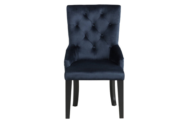 HomeRoots Tufted Dark Blue and Black Velvet Dining Chair with Button Tufting, Sloping Arms, and Nailhead Trim 573416