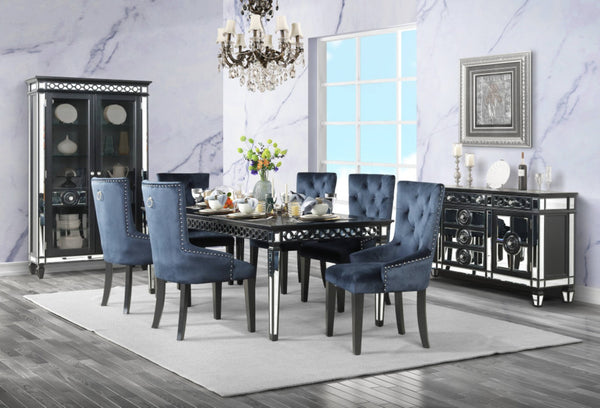 HomeRoots Tufted Dark Blue and Black Velvet Dining Chair with Button Tufting, Sloping Arms, and Nailhead Trim 573416