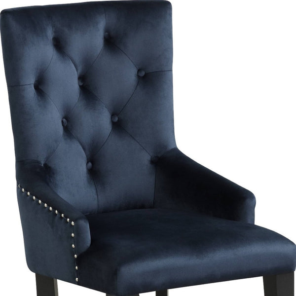 HomeRoots Tufted Dark Blue and Black Velvet Dining Chair with Button Tufting, Sloping Arms, and Nailhead Trim 573416
