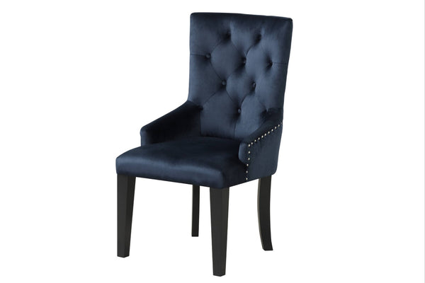 HomeRoots Tufted Dark Blue and Black Velvet Dining Chair with Button Tufting, Sloping Arms, and Nailhead Trim 573416