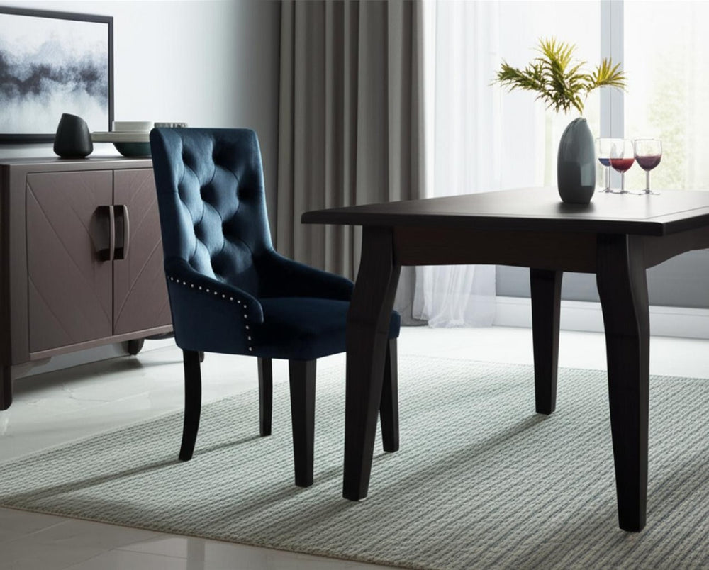 HomeRoots Tufted Dark Blue and Black Velvet Dining Chair with Button Tufting, Sloping Arms, and Nailhead Trim 573416
