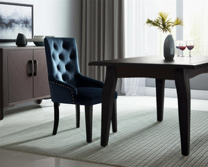 HomeRoots Tufted Dark Blue and Black Velvet Dining Chair with Button Tufting, Sloping Arms, and Nailhead Trim 573416