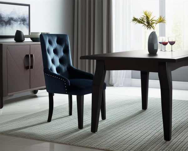 HomeRoots Tufted Dark Blue and Black Velvet Dining Chair with Button Tufting, Sloping Arms, and Nailhead Trim 573416
