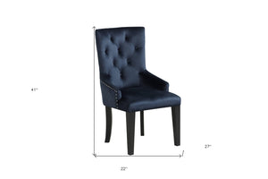 HomeRoots Tufted Dark Blue and Black Velvet Dining Chair with Button Tufting, Sloping Arms, and Nailhead Trim 573416