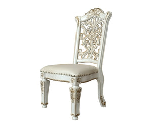 HomeRoots Set of Two Elegant Dark Blue Faux Leather Dining Chairs with Pearl Legs & Nailhead Trim Design 573417