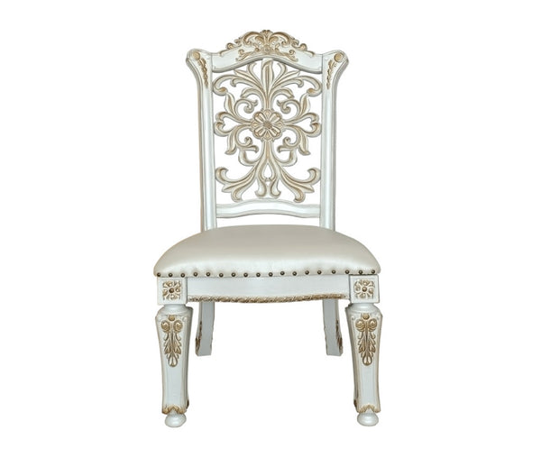 HomeRoots Set of Two Elegant Dark Blue Faux Leather Dining Chairs with Pearl Legs & Nailhead Trim Design 573417