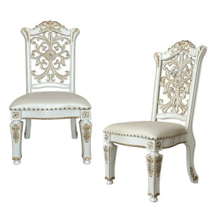 HomeRoots Set of Two Elegant Dark Blue Faux Leather Dining Chairs with Pearl Legs & Nailhead Trim Design 573417