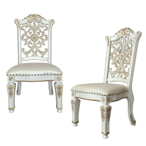 HomeRoots Set of Two Elegant Dark Blue Faux Leather Dining Chairs with Pearl Legs & Nailhead Trim Design 573417