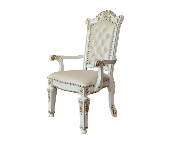 HomeRoots Set of Two Elegant Tufted Dark Blue Faux Leather Dining Arm Chairs with Pearl Legs for Comfort 573418