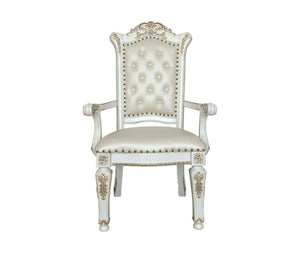 HomeRoots Set of Two Elegant Tufted Dark Blue Faux Leather Dining Arm Chairs with Pearl Legs for Comfort 573418