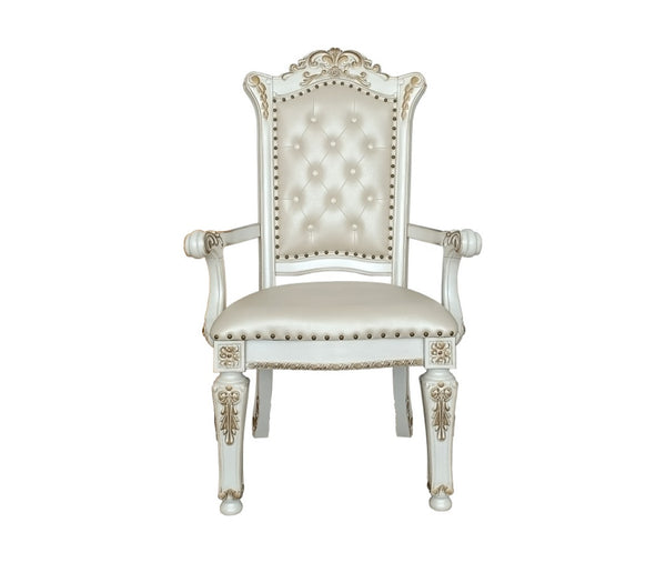 HomeRoots Set of Two Elegant Tufted Dark Blue Faux Leather Dining Arm Chairs with Pearl Legs for Comfort 573418
