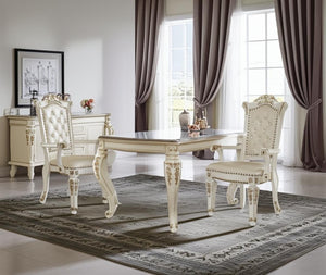 HomeRoots Set of Two Elegant Tufted Dark Blue Faux Leather Dining Arm Chairs with Pearl Legs for Comfort 573418