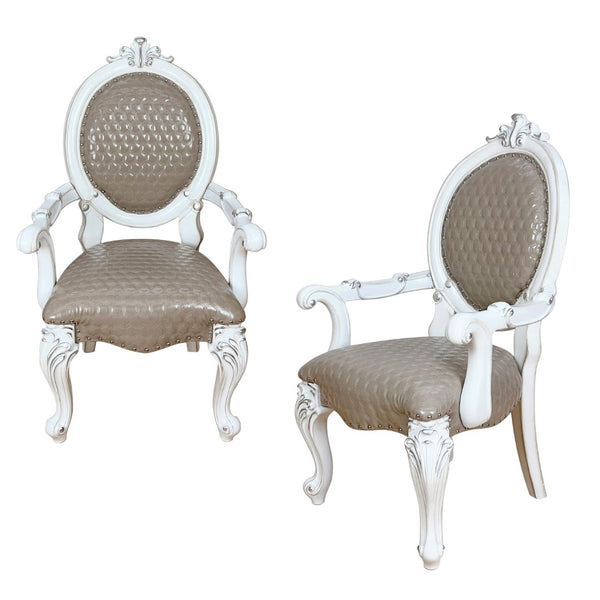 HomeRoots Set of Two King Louis-Style Gray Faux Leather Arm Chairs with Elegant Nailhead Trim for Dining & More 573422