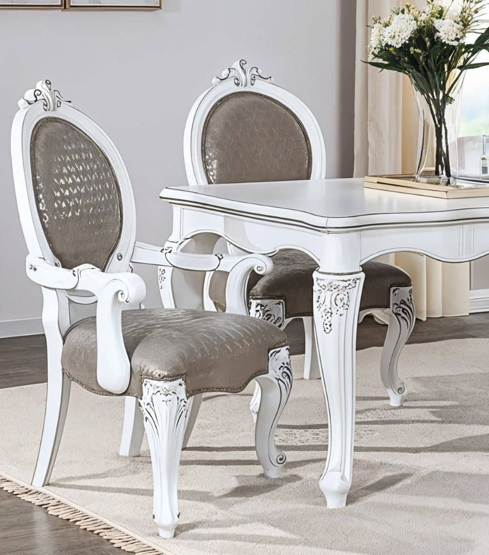 HomeRoots Set of Two King Louis-Style Gray Faux Leather Arm Chairs with Elegant Nailhead Trim for Dining & More 573422