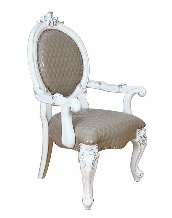 HomeRoots Set of Two King Louis-Style Gray Faux Leather Arm Chairs with Elegant Nailhead Trim for Dining & More 573422