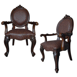 HomeRoots Set of Two Elegant King Louis Arm Chairs in Brown & Redwood Faux Leather for Stylish Seating 573424