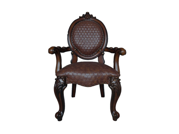 HomeRoots Set of Two Elegant King Louis Arm Chairs in Brown & Redwood Faux Leather for Stylish Seating 573424