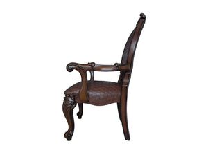 HomeRoots Set of Two Elegant King Louis Arm Chairs in Brown & Redwood Faux Leather for Stylish Seating 573424