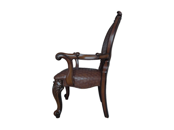 HomeRoots Set of Two Elegant King Louis Arm Chairs in Brown & Redwood Faux Leather for Stylish Seating 573424