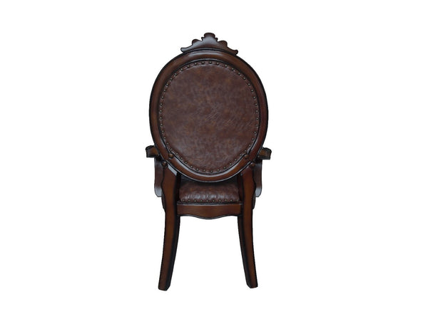 HomeRoots Set of Two Elegant King Louis Arm Chairs in Brown & Redwood Faux Leather for Stylish Seating 573424