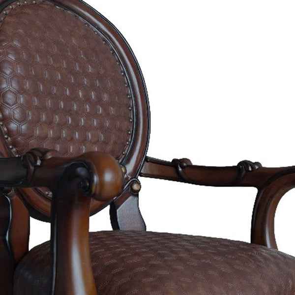 HomeRoots Set of Two Elegant King Louis Arm Chairs in Brown & Redwood Faux Leather for Stylish Seating 573424