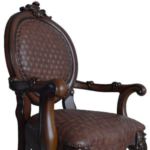 HomeRoots Set of Two Elegant King Louis Arm Chairs in Brown & Redwood Faux Leather for Stylish Seating 573424