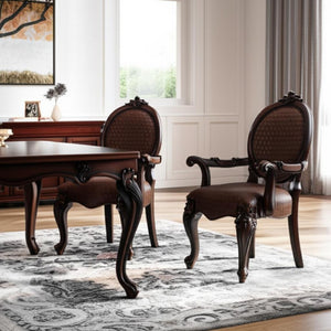 HomeRoots Set of Two Elegant King Louis Arm Chairs in Brown & Redwood Faux Leather for Stylish Seating 573424