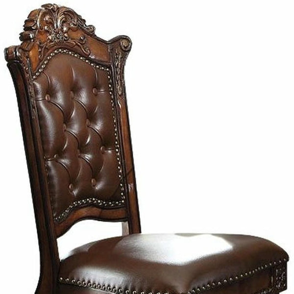 HomeRoots Set of Two Elegant 24" Brown Faux Leather Bar Chairs with Solid Wood Frame for Classic Decor 573436