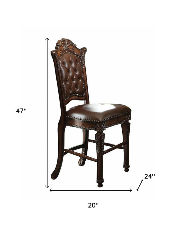 HomeRoots Set of Two Elegant 24" Brown Faux Leather Bar Chairs with Solid Wood Frame for Classic Decor 573436