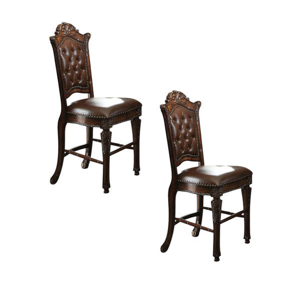 HomeRoots Set of Two Elegant 24" Brown Faux Leather Bar Chairs with Solid Wood Frame for Classic Decor 573436