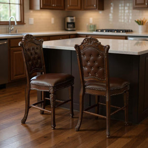 HomeRoots Set of Two Elegant 24" Brown Faux Leather Bar Chairs with Solid Wood Frame for Classic Decor 573436