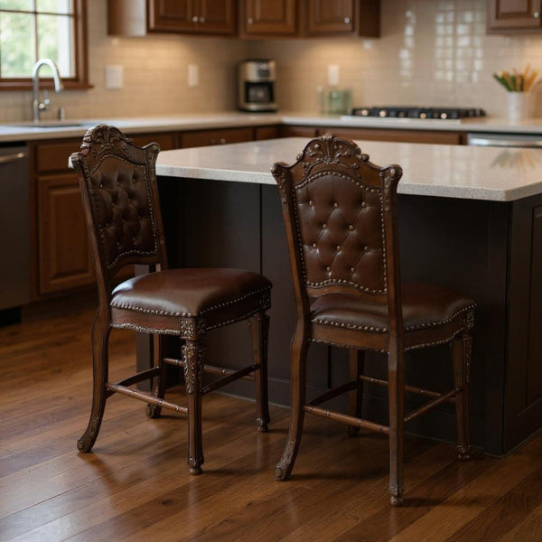 HomeRoots Set of Two Elegant 24" Brown Faux Leather Bar Chairs with Solid Wood Frame for Classic Decor 573436