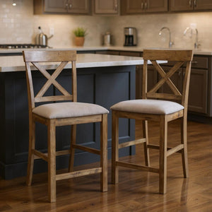 HomeRoots Set of Two Stylish 26" Tan Linen and Oak Bar Chairs - Comfortable Counter Seating for Your Home 573439