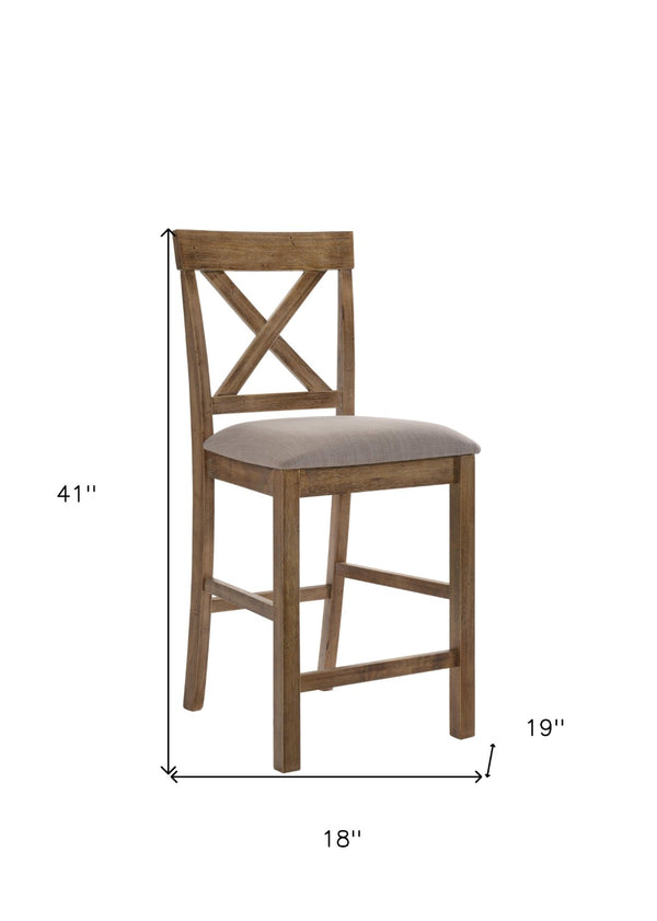 HomeRoots Set of Two Stylish 26" Tan Linen and Oak Bar Chairs - Comfortable Counter Seating for Your Home 573439