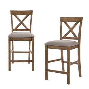 HomeRoots Set of Two Stylish 26" Tan Linen and Oak Bar Chairs - Comfortable Counter Seating for Your Home 573439
