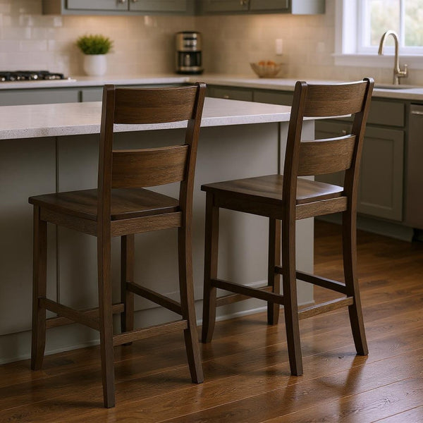 HomeRoots Set of Two Rustic Acacia Wood Counter Height Bar Chairs with Distressed White Seats for Style 573440