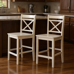 HomeRoots Set of Two 24" Cream Wood Counter Height Bar Chairs – Stylish Rustic Seating for Kitchen & Dining 573442
