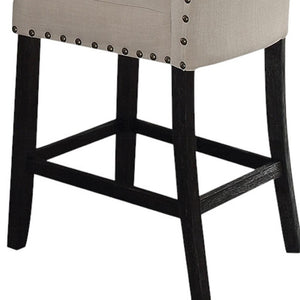 HomeRoots Set of Two 26" Beige & Oak Solid Wood Bar Chairs with Linen Upholstery for Stylish Comfort 573443