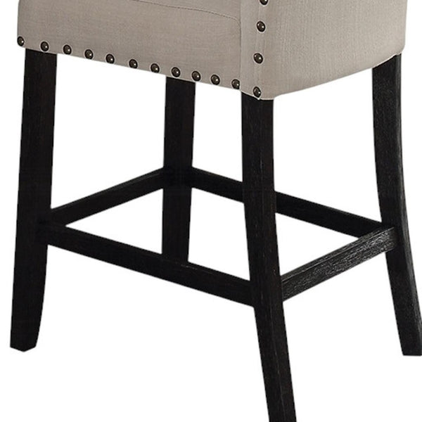 HomeRoots Set of Two 26" Beige & Oak Solid Wood Bar Chairs with Linen Upholstery for Stylish Comfort 573443