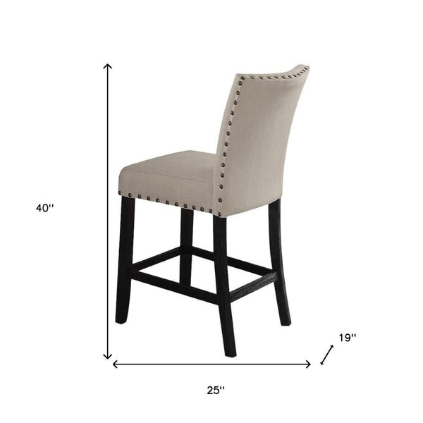 HomeRoots Set of Two 26" Beige & Oak Solid Wood Bar Chairs with Linen Upholstery for Stylish Comfort 573443