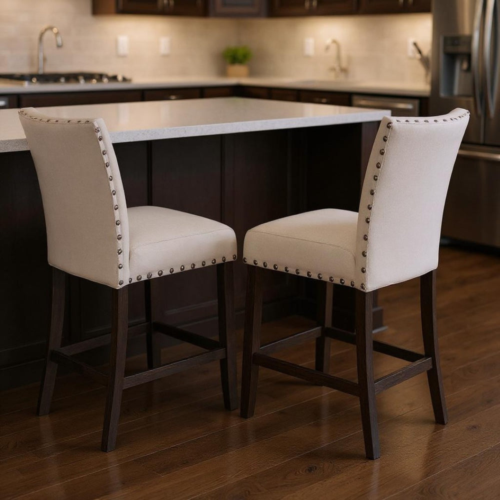 HomeRoots Set of Two 26" Beige & Oak Solid Wood Bar Chairs with Linen Upholstery for Stylish Comfort 573443