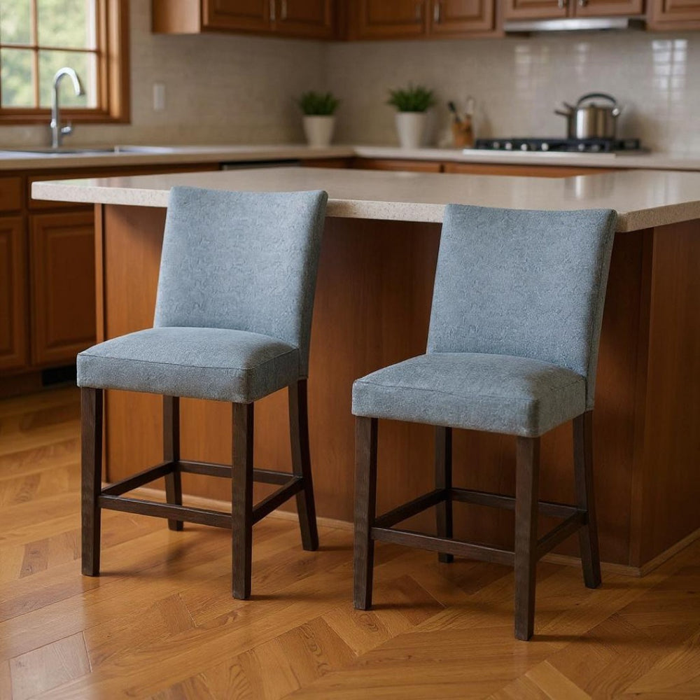 HomeRoots Set of Two Stylish 25" Gray Fabric & Espresso Wood Counter Height Bar Chairs for Modern Spaces 573444
