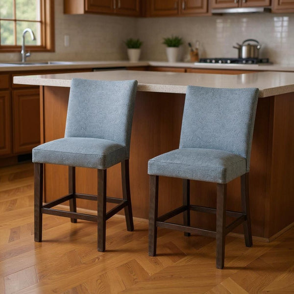 HomeRoots Set of Two Stylish 25" Gray Fabric & Espresso Wood Counter Height Bar Chairs for Modern Spaces 573444