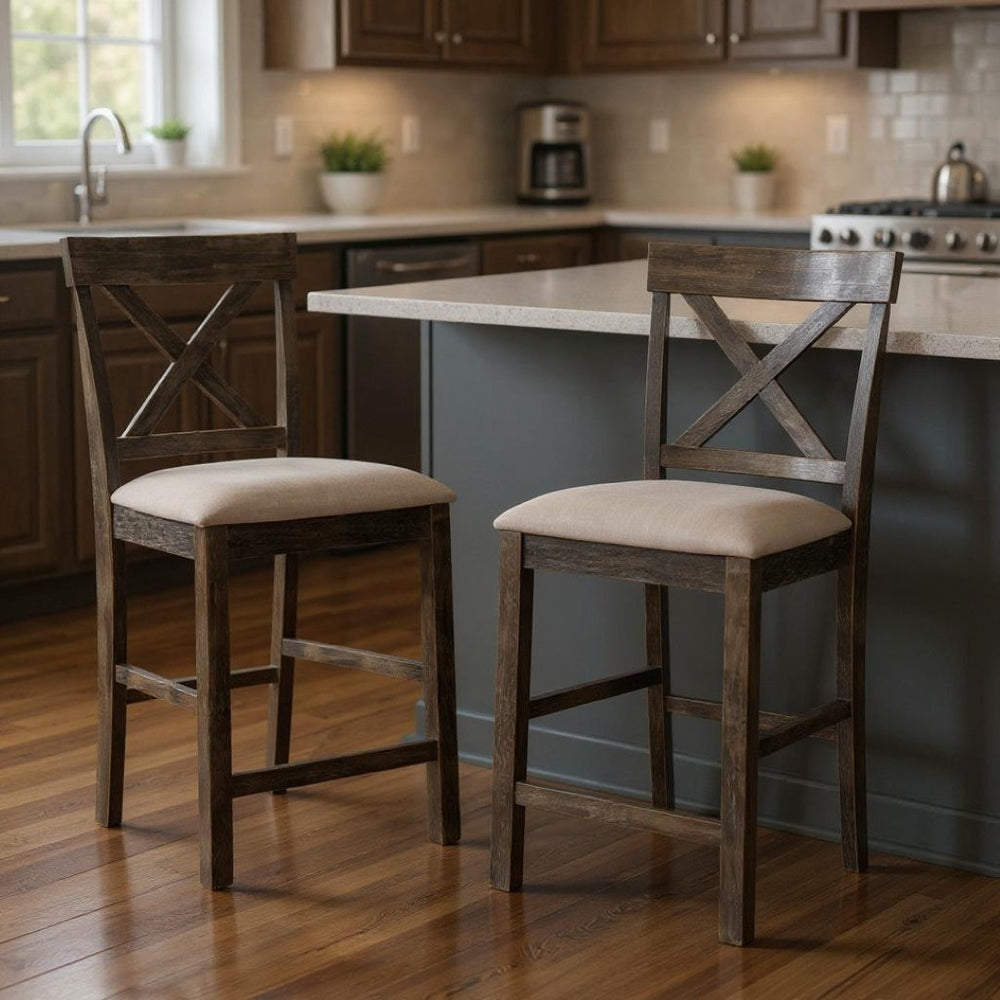 HomeRoots Set of Two Stylish 26" Tan & Gray Solid Wood Counter Height Bar Chairs for Modern Dining Spaces 573445
