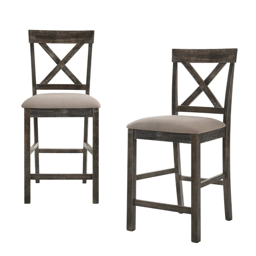 HomeRoots Set of Two Stylish 26" Tan & Gray Solid Wood Counter Height Bar Chairs for Modern Dining Spaces 573445